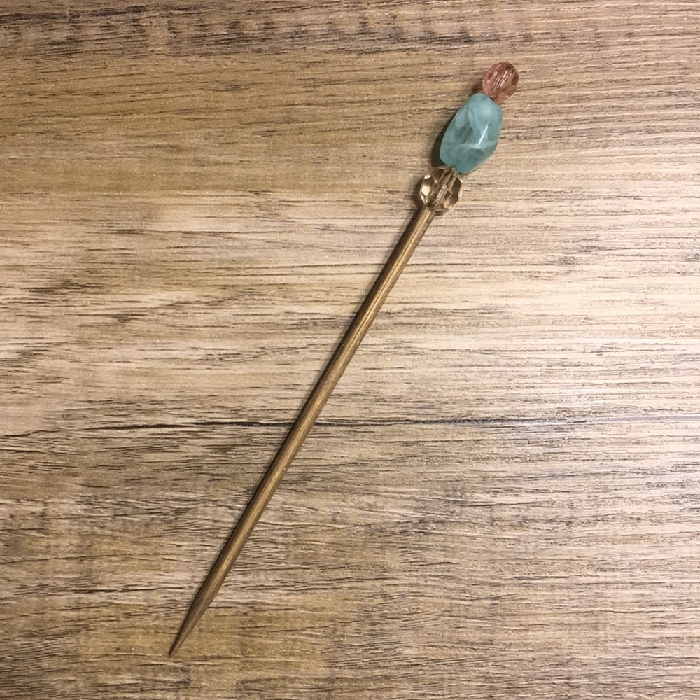 Handmade beaded hair sticks- gold, pink, aqua